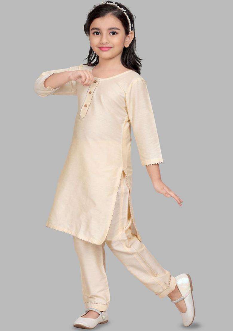 Gold Solid Cotton Kurta Set For Girls - Indya