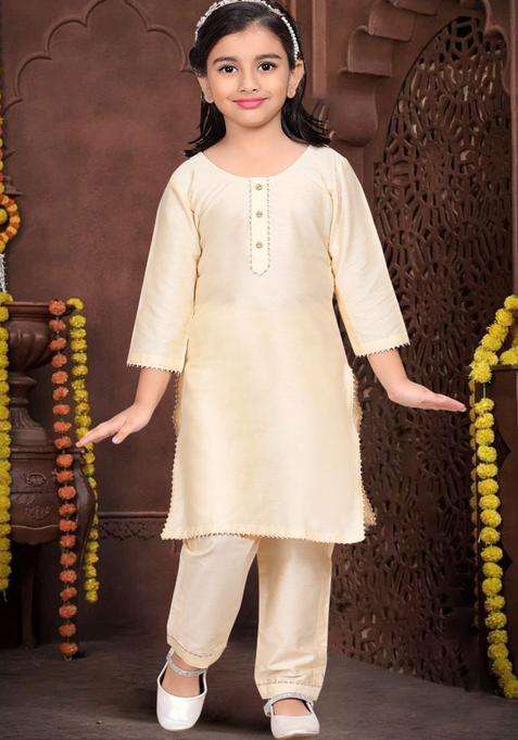Gold Solid Cotton Kurta Set For Girls
