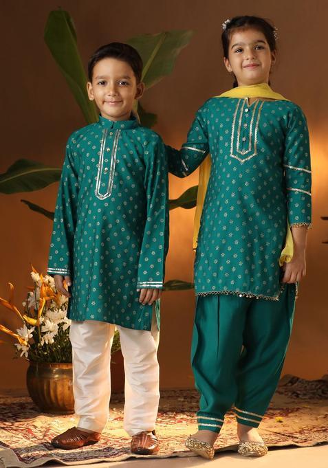 Green Printed Viscose Kurta Set For Girls — view on Indya