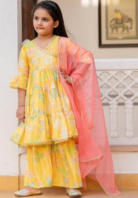 Yellow Printed Viscose Anarkali Kurta Set For Girls
