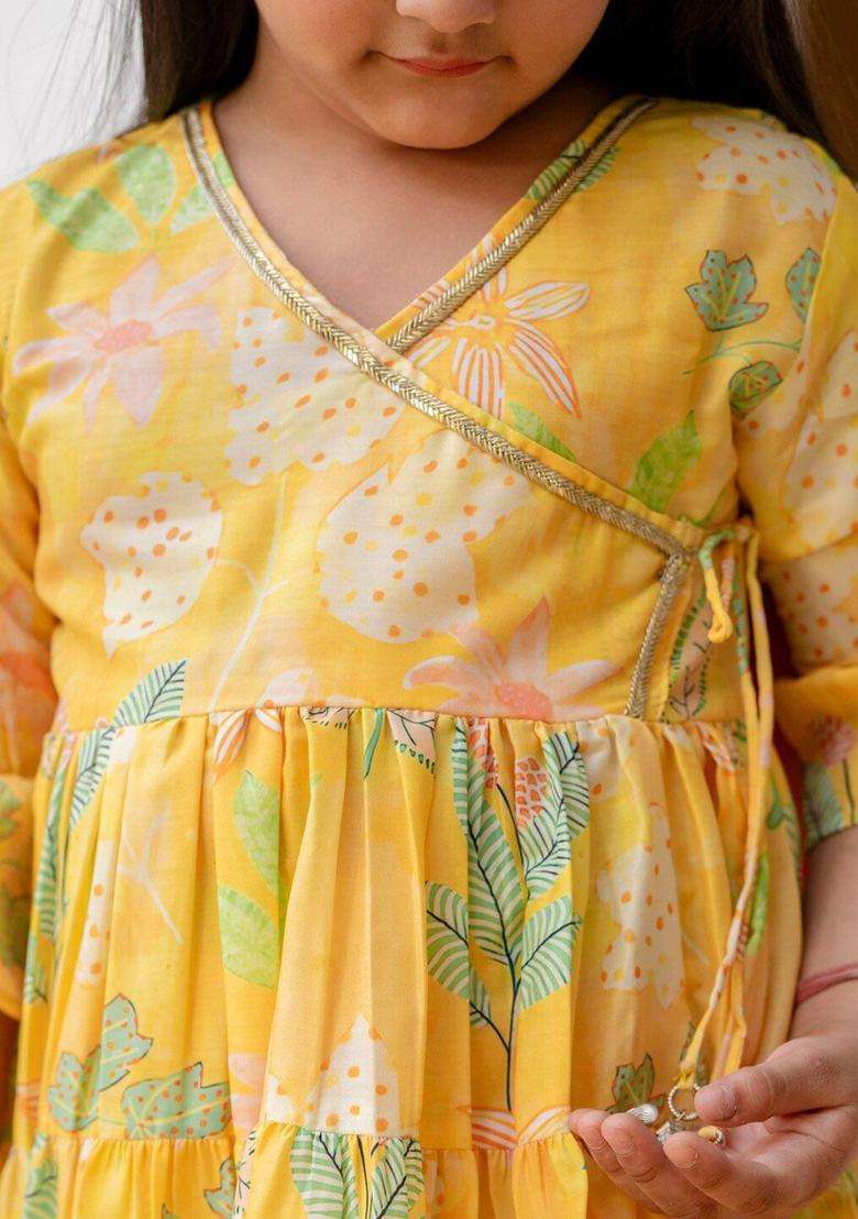 Yellow Printed Viscose Anarkali Kurta Set For Girls - Indya