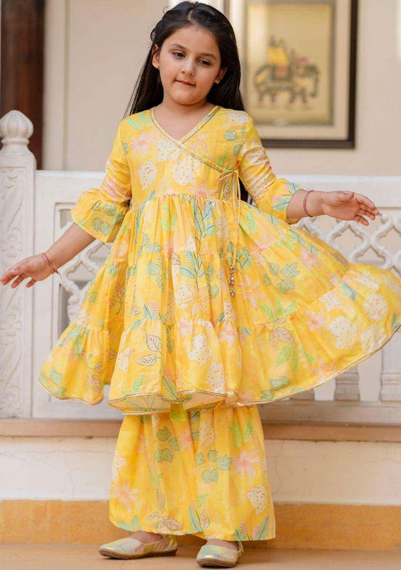 Yellow Printed Viscose Anarkali Kurta Set For Girls - Indya