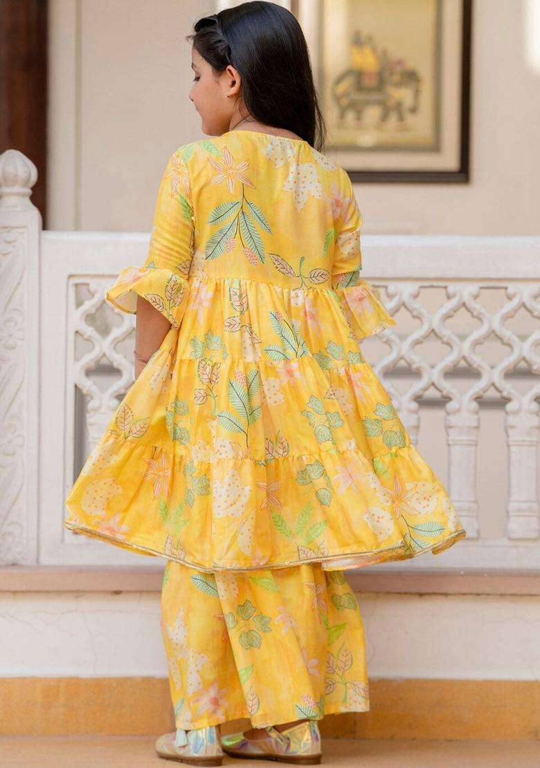 Yellow Printed Viscose Anarkali Kurta Set For Girls - Indya