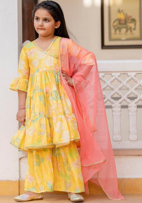 Yellow Printed Viscose Anarkali Kurta Set For Girls — view on Indya