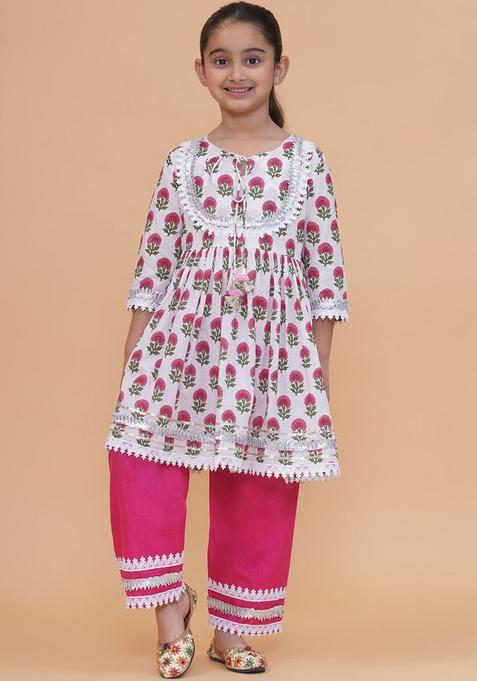 White Printed Cotton Anarkali Kurta Set For Girls — view on Indya