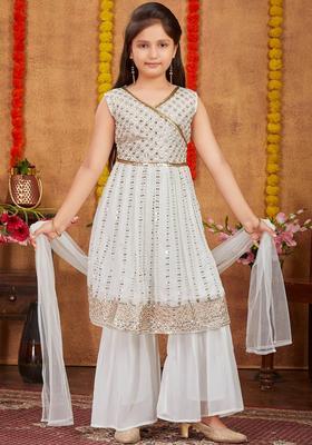 Off White Embroidered Georgette Kurta Set For Girls