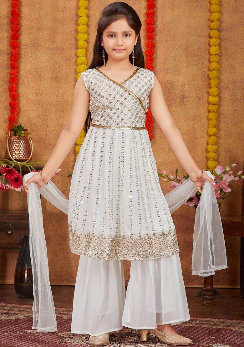 Off White Embroidered Georgette Kurta Set For Girls - Indya