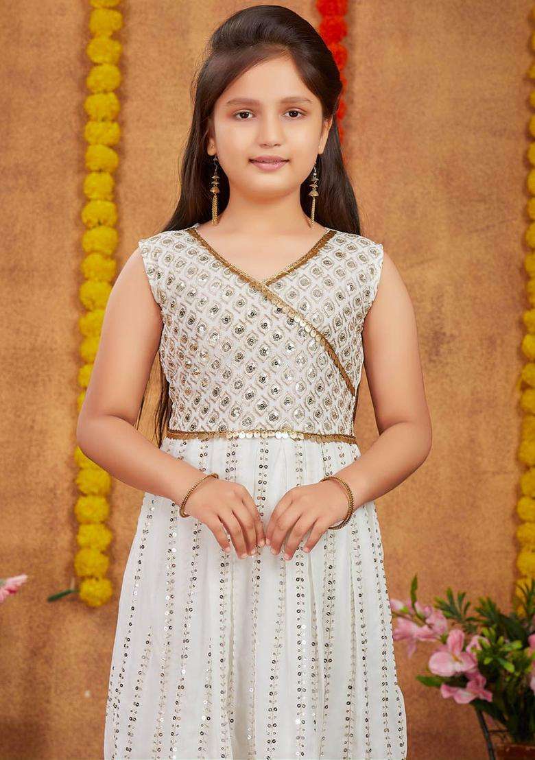 Off White Embroidered Georgette Kurta Set For Girls - Indya