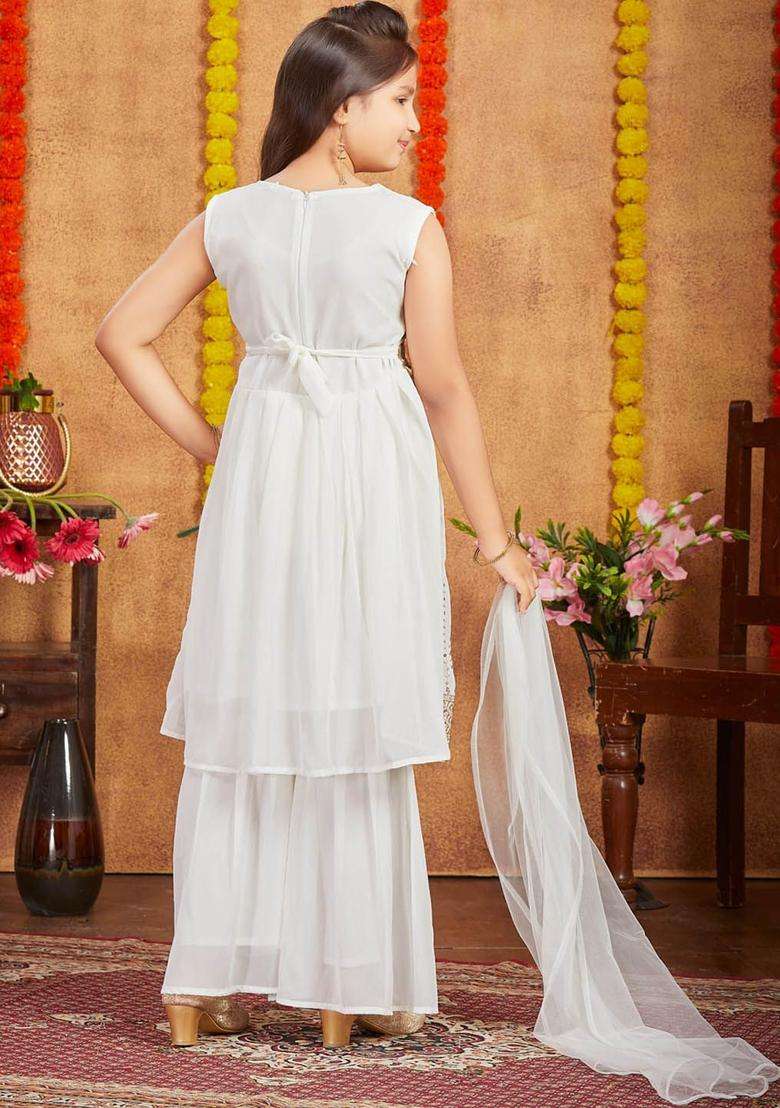 Off White Embroidered Georgette Kurta Set For Girls - Indya