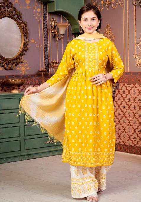 Yellow Printed Viscose Kurta Set For Girls — view on Indya
