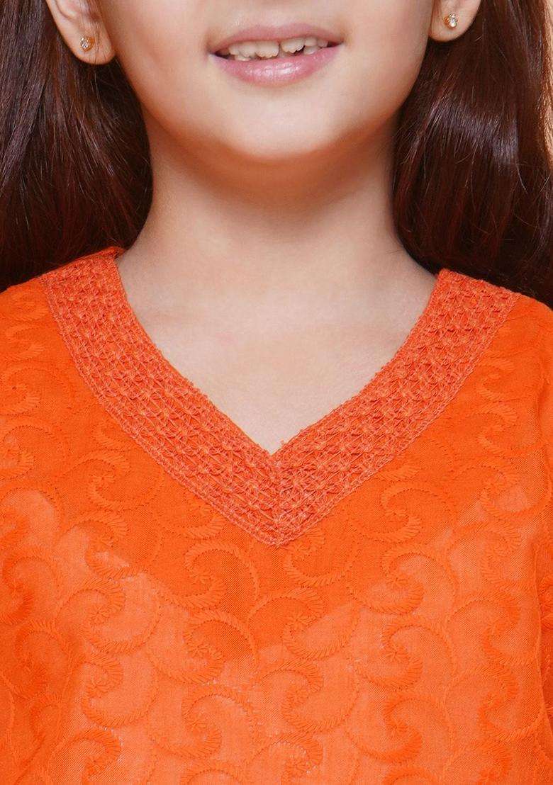 Orange Embroidered Cotton Kurta Set For Girls - Indya