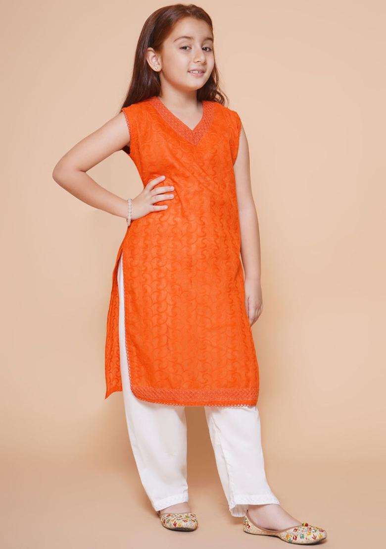 Orange Embroidered Cotton Kurta Set For Girls - Indya
