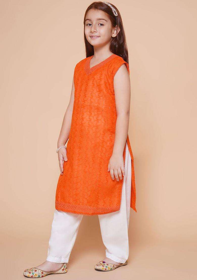 Orange Embroidered Cotton Kurta Set For Girls - Indya