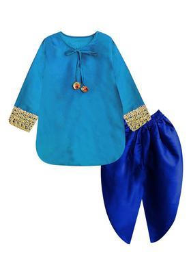 Blue Solid Polyester Kurta Set For Girls