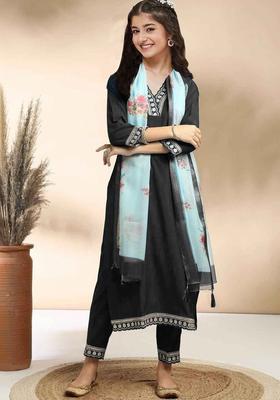 Black Embroidered Silk Kurta Set For Girls