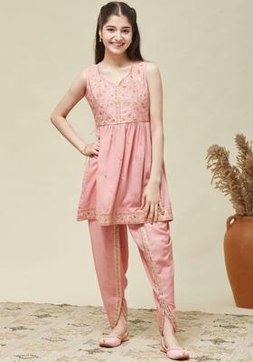 Pink Embroidered Silk Kurta Set For Girls