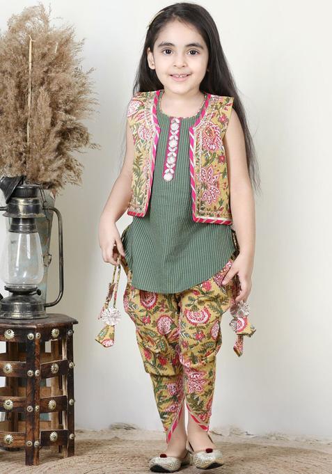 Green Striped Cotton Kurta Set For Girls — view on Indya