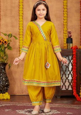 Yellow Solid Silk Kurta Set For Girls