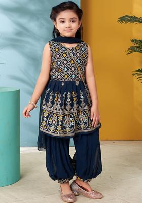 Turquoise Blue Printed Georgette Kurta Set For Girls