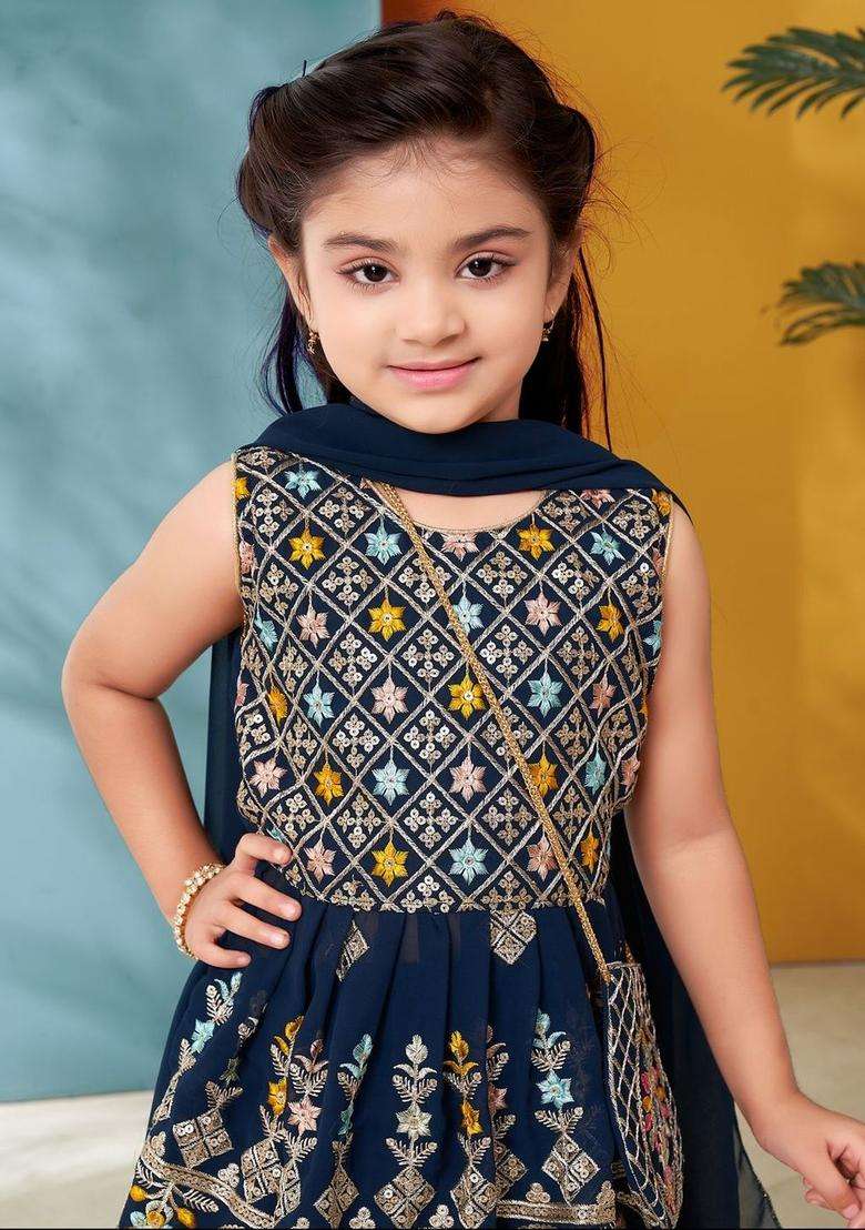 Turquoise Blue Printed Georgette Kurta Set For Girls - Indya