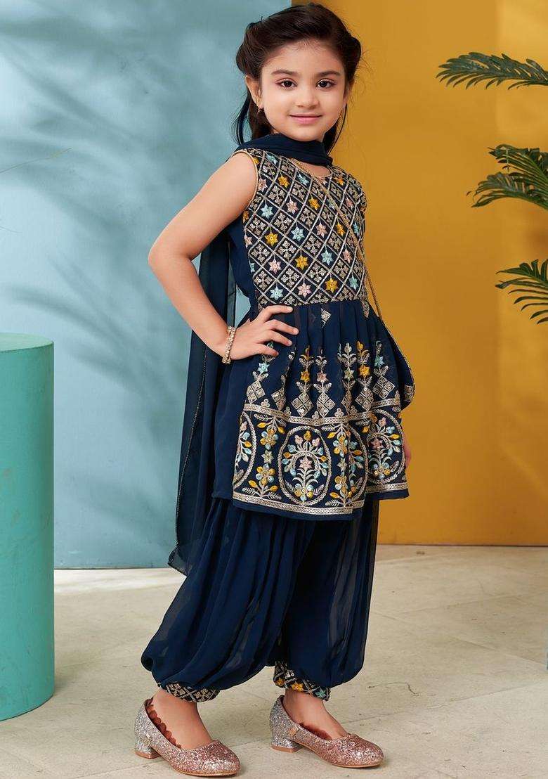 Turquoise Blue Printed Georgette Kurta Set For Girls - Indya