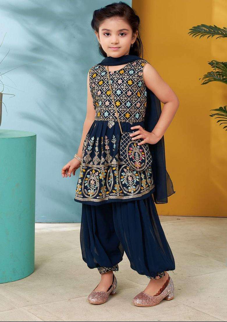 Turquoise Blue Printed Georgette Kurta Set For Girls - Indya