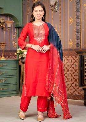 Red Embroidered Silk Kurta Set For Girls