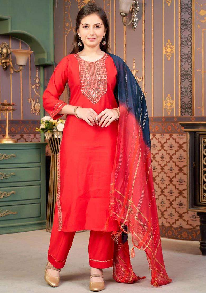 Red Embroidered Silk Kurta Set For Girls - Indya