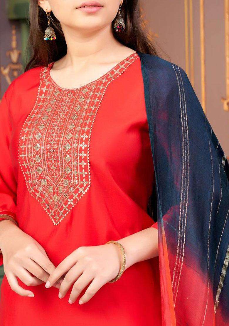Red Embroidered Silk Kurta Set For Girls - Indya