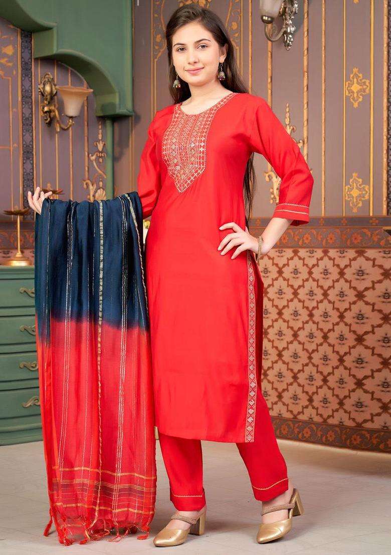 Red Embroidered Silk Kurta Set For Girls - Indya