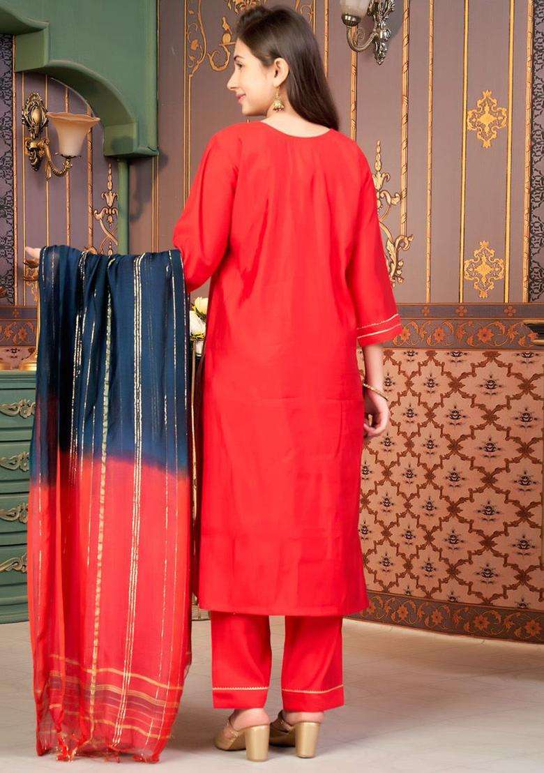 Red Embroidered Silk Kurta Set For Girls - Indya