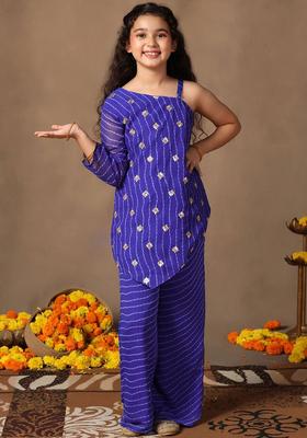 Blue Embroidered Georgette Kurta Set For Girls