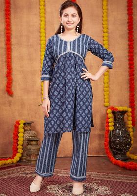 Navy Blue Printed Cotton Kurta Set For Girls