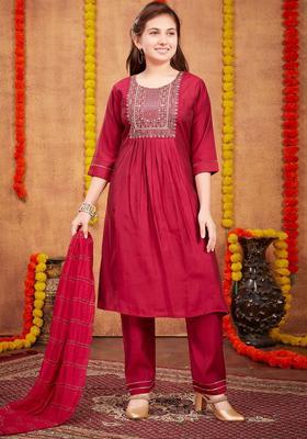 Maroon Embroidered Silk Kurta Set For Girls