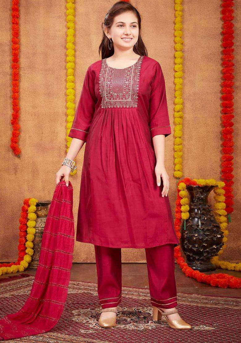 Maroon Embroidered Silk Kurta Set For Girls - Indya