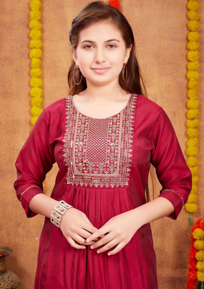 Maroon Embroidered Silk Kurta Set For Girls - Indya