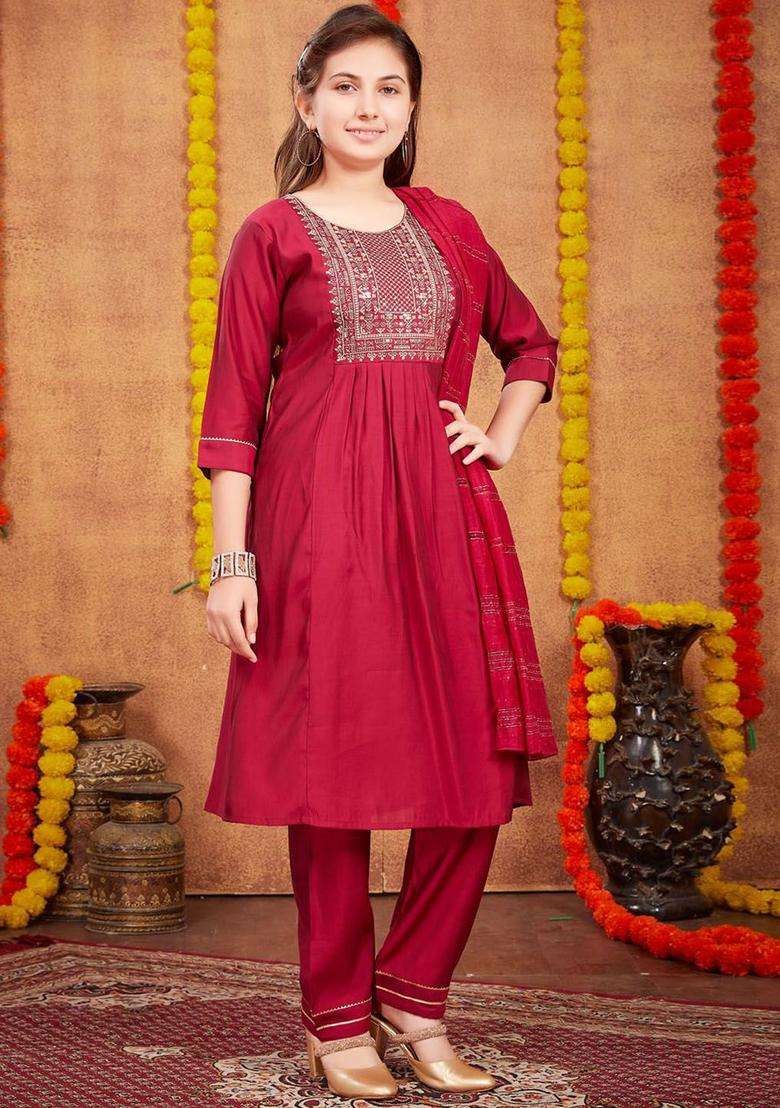 Maroon Embroidered Silk Kurta Set For Girls - Indya