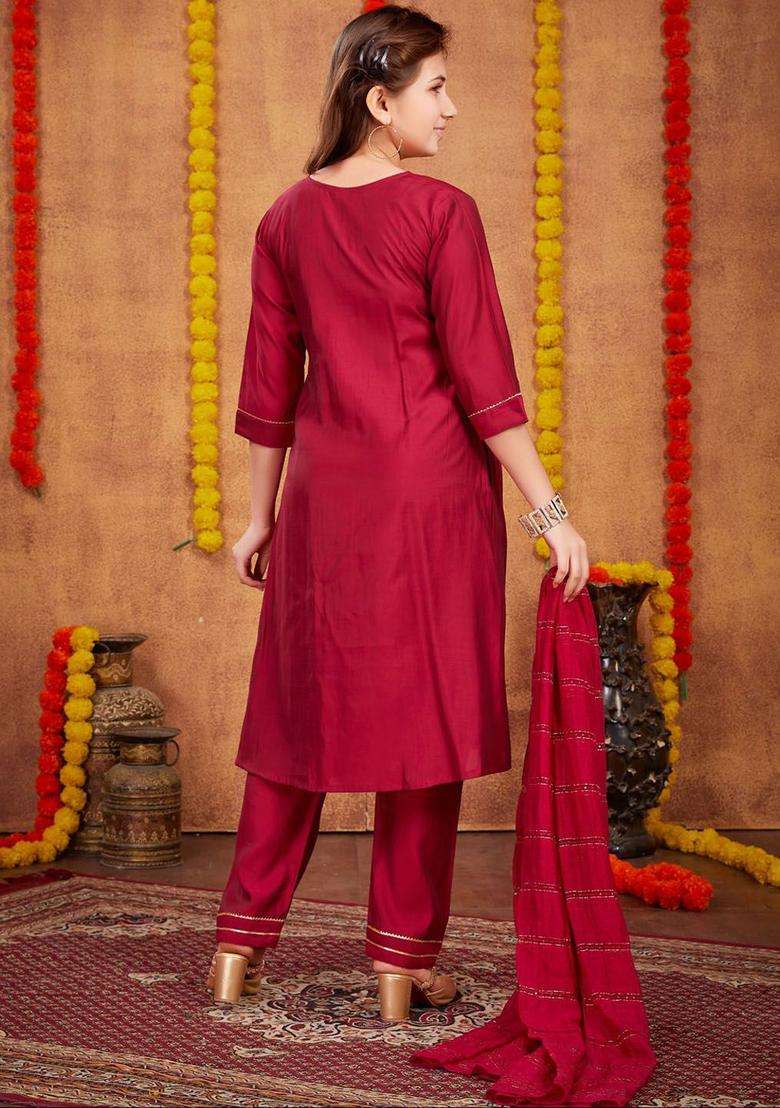 Maroon Embroidered Silk Kurta Set For Girls - Indya