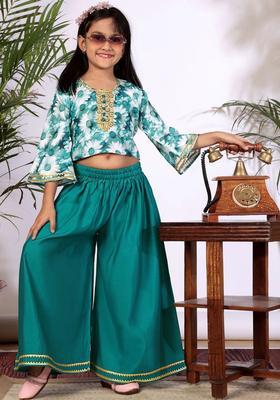 Turquoise Blue Printed Cotton Kurta Set For Girls