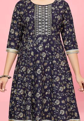 Navy Blue Printed Cotton Kurta Set For Girls