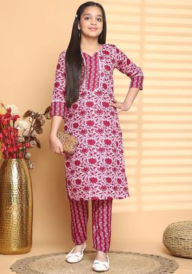 Maroon Printed Viscose Kurta Set For Girls