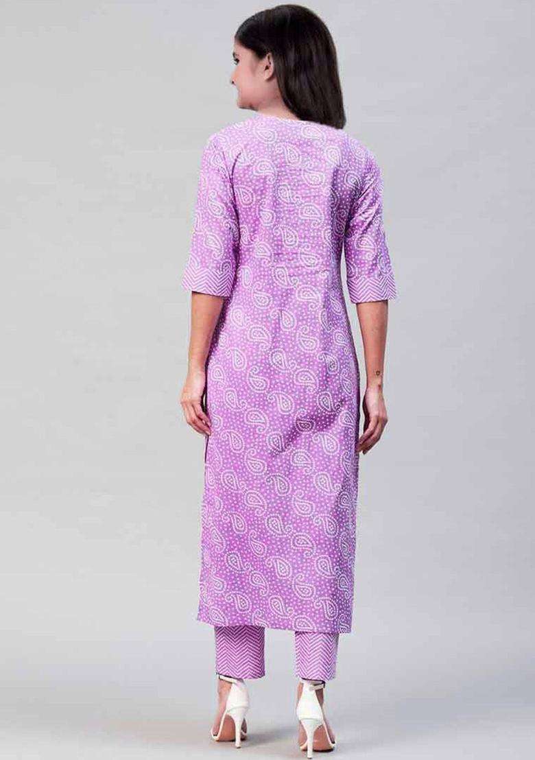 Purple Printed Cotton Kurta Set For Girls - Indya