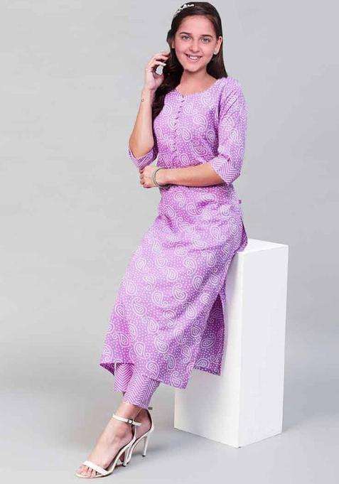 Purple Printed Cotton Kurta Set For Girls