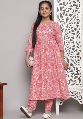 Pink Printed Silk Kurta Set For Girls