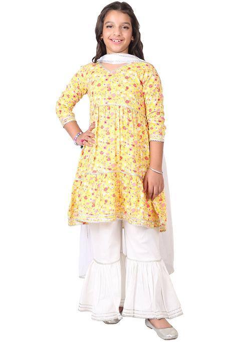 Yellow Self Design Cotton Kurta Set For Girls — view on Indya