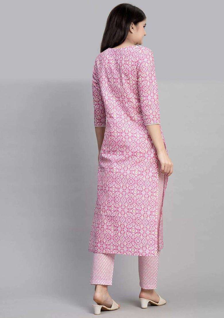 Pink Printed Cotton Kurta Set For Girls - Indya