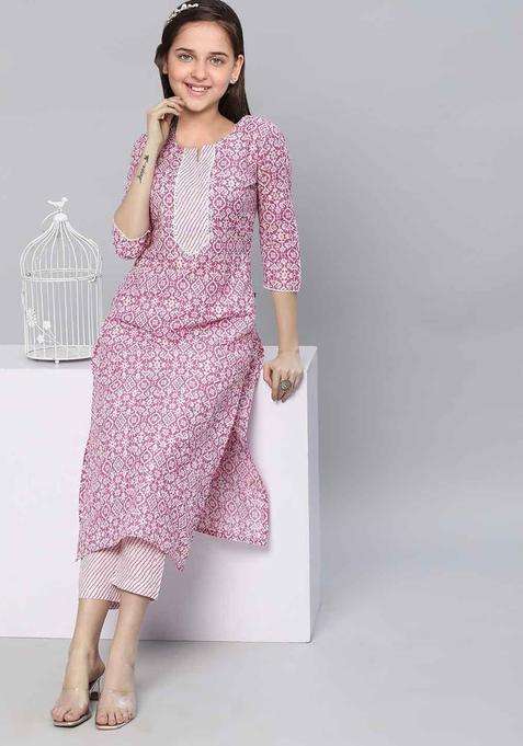 Pink Printed Cotton Kurta Set For Girls