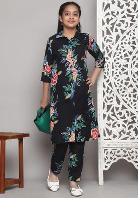 Black Printed Cotton Kurta Set For Girls