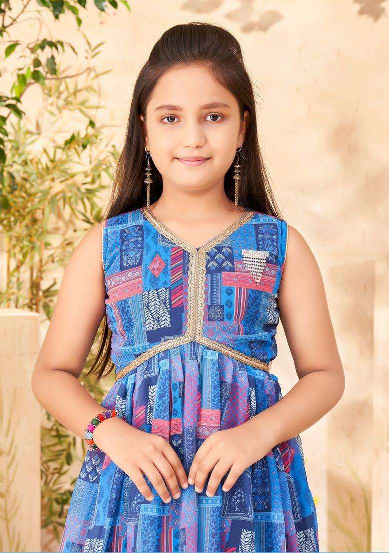 Blue Printed Georgette Kurta Set For Girls - Indya