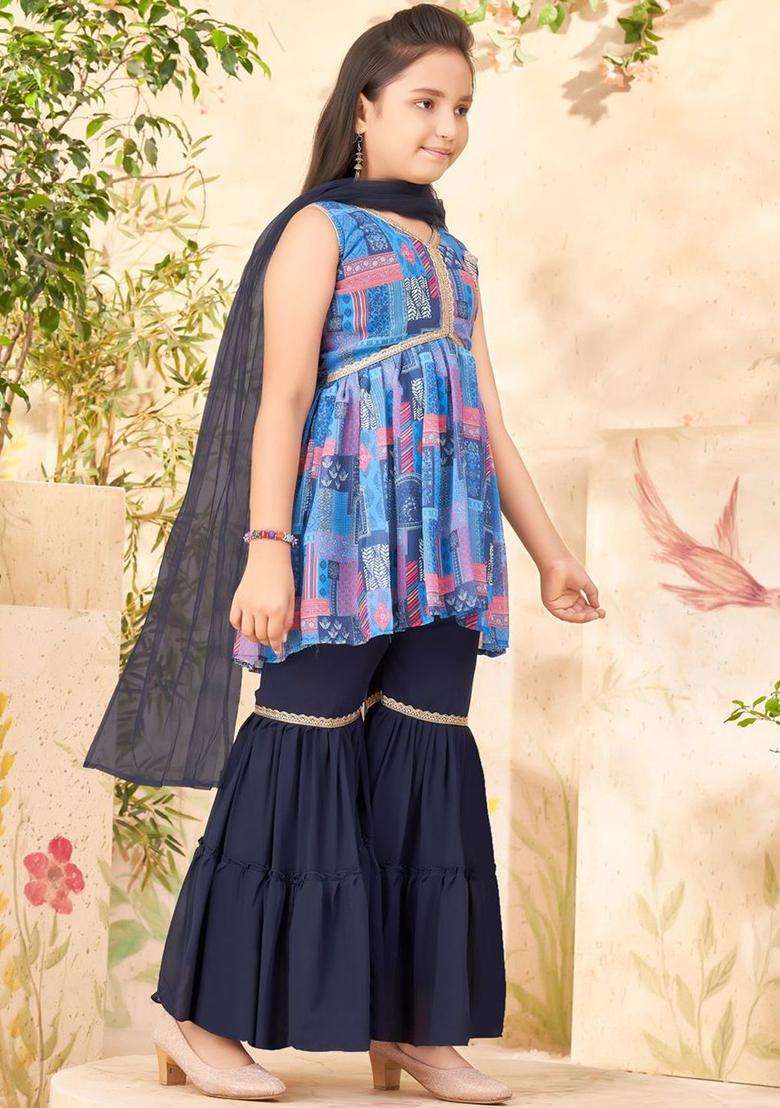 Blue Printed Georgette Kurta Set For Girls - Indya